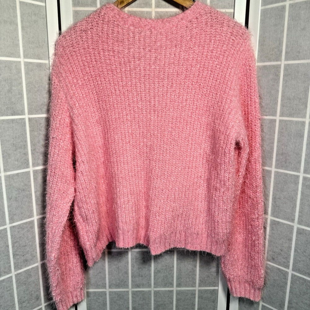 Sugarlips Cardigan Sweater Womens Large Berry Bliss Pink Fuzzy Preppy Coquette - Picture 2 of 9